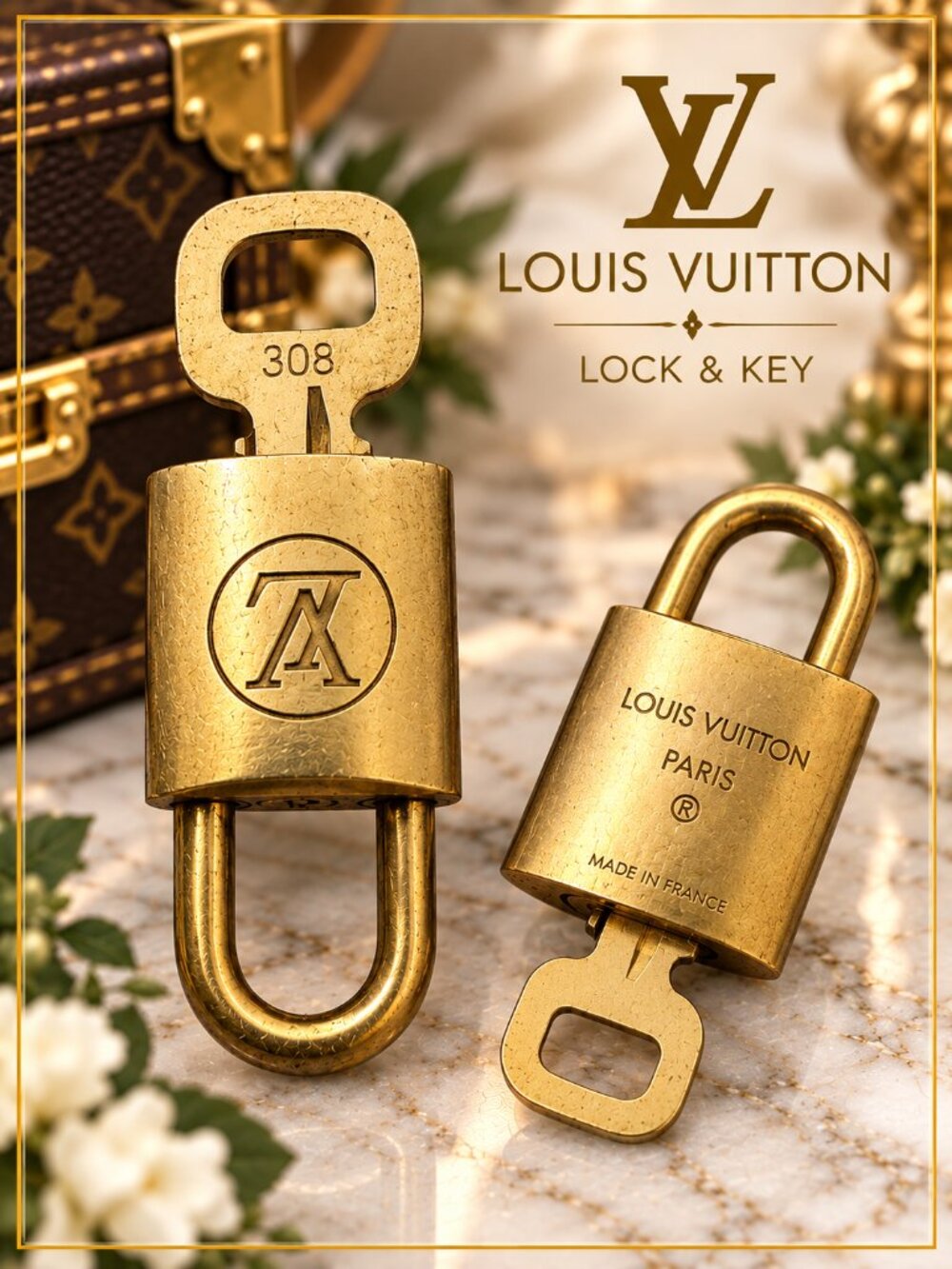 Louis Vuitton Brass Padlock & Matching Key #308 LV Bag Luggage Lock